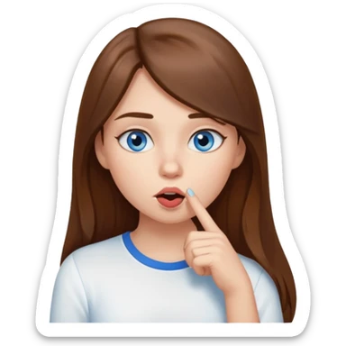a girl with long hair, blue eyes telling to be quiet with the finger near her mouth sticker