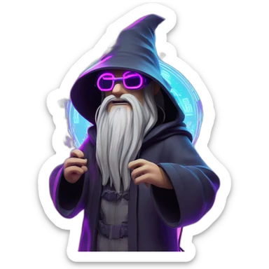 Gandalf wearing a black hoodie with "OMG" letters on it and VR headset in a cyberpunk VR environment with violet neon lighting. sticker