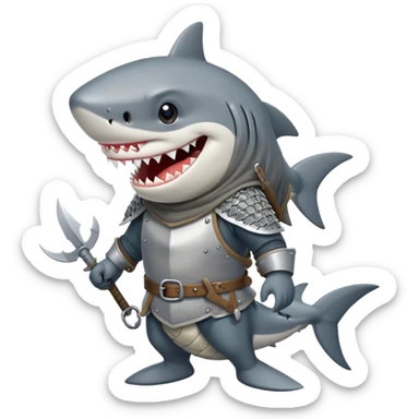 Anthropomorphic shark wearing a gambeson and chainmail coif with messy black hair smiling sticker