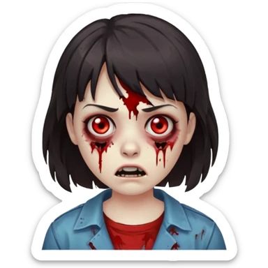 A zombie with a scared face, with medium wavy dark hair and short bangs sticker