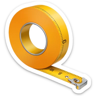 Flat vector illustration of a rolled measuring tape in yellow and orange color, simple bold outlines, minimal shading, emoji style, centered on white background. sticker