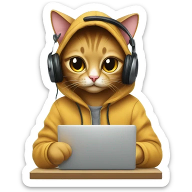 cat is a graphic designer in a hoodie and headphones, working at a computer in photoshop sticker