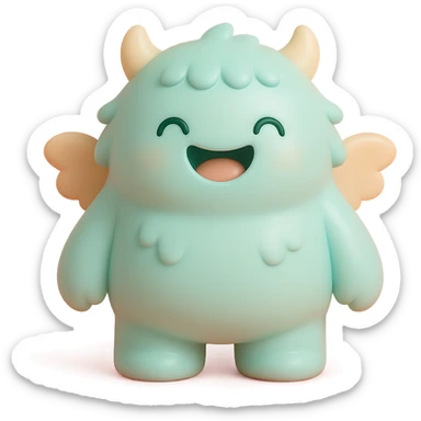 adorable monster with fluffy fur, tiny wings, happy expression, soft color palette sticker