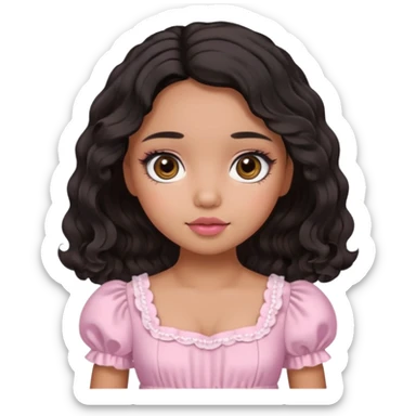 Tan skin girl, brown Asian eyes, black soft wevy hair, doll  beabadoobe makeup, baby pink Victoria dress  sticker