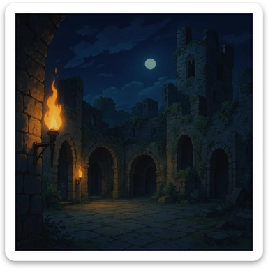 Midnight castle ruins torchlit courtyard sticker
