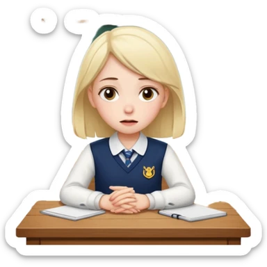 an anxious girl in school uniform sitting in front of a table  sticker