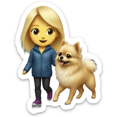 Blonde girl walking tiny pomeranian under the rain sticker