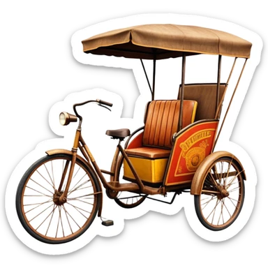 ​Cinematic Realistic Tricycle Rickshaw, depicted as a vintage manually operated vehicle featuring two front wheels and a single rear wheel, rendered with detailed rustic textures, vibrant colors, and dynamic urban lighting that captures its unique design and cultural charm, sticker