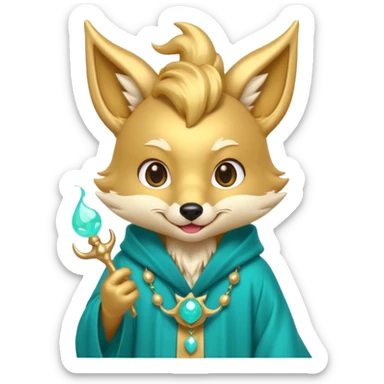 Cute chibi teal fox-dragon emoji with small antler horns, playful face with tongue out, swirl eyebrows, gold forehead mark, teal-gold robe, holding glowing blue orbs, soft pastel vector style. sticker