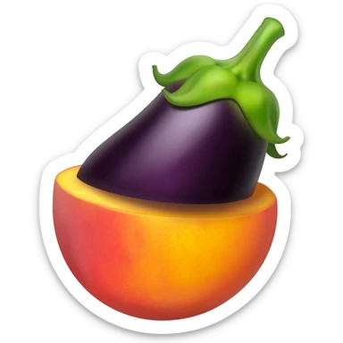 An eggplant wedged into a peach sticker