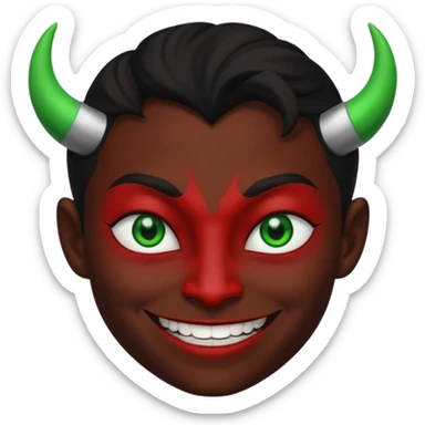 evil person with devilish smile and black face and green eyes sticker