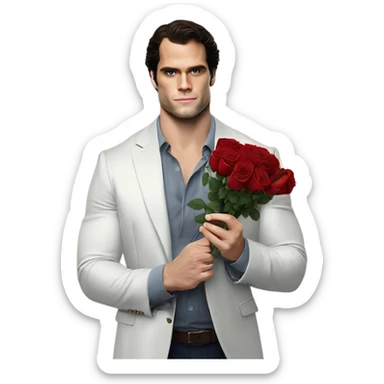 realistic photo of Henry Cavill holding roses and chocolates sticker