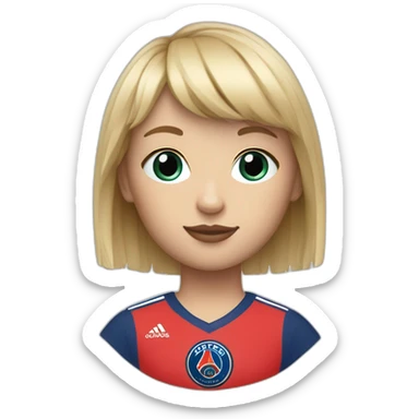Blonde short hair fringe girl, blue eyes, a 1980 PSG jersey and a baguette sticker