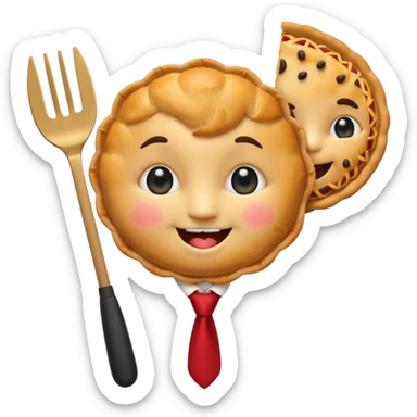 emoji style, happy fried empanada with face, big sparkling eyes, blushing cheeks, two buck teeth, red necktie, holding spatula, thick black outline, golden brown color, very cute and wholesome, transparent background sticker