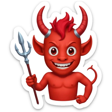 Red devil with horns and trident, grinning mischievous sticker