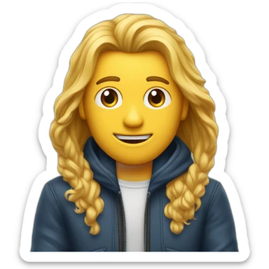 Een man met een rode jas aan met een graat gezicht en blont haar en een spijkerbroek aan sticker