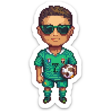 Create a pixel art style image of Ronaldo footballer wearing sunglasses with a football next to him. Focus on pixel art details and style. sticker