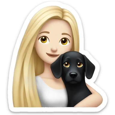 pretty woman with pale skin, very long blonde hair hugging a black dog sticker
