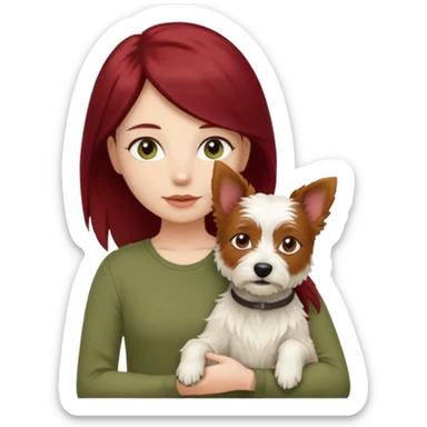 white terrier dog being held by woman with dark red long hair and hazel eye wearing olive green top sticker