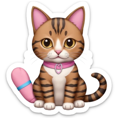 a  brown and black tabby cat, with a pink bandage on just one front paw paw, realistic sticker