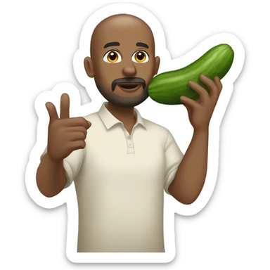 A bald, Black man with a beard and goatee blowing a kiss while holding a cucumber. sticker