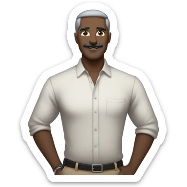 a white man standing  with blue eyes a thick dark brown and grey moustache, down turned black eyebrows and then dark grey hair he’s wearing an expensive watch and a white shirt and black dressy pants with beige loafers he’s looking at her smiling”  sticker