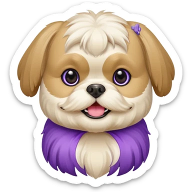 generame la imagen de un perrito raza chitzu de color cremita, totalmente cremita sin esos colores marron oscuro en su cara, hazla un poco sonriente y con su pechera morada sticker