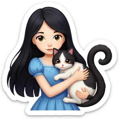 A beautiful girl with long black hair wearing a dress hugs a calico sticker