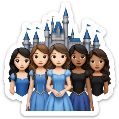 Quiero que crees una imagen donde este el castillo de Disney y por detrás o delante pon a quatro chicas: una con el pelo largo rizado marrón , otra con el pelo corto negro, otra con el pelo mediano liso marrón y otra con el pelo negro largo liso sticker