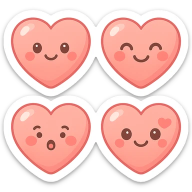 A series of illustrations heart in a kawaii emoji style, with detailed shading and highlights, thin clean outlines, soft and rounded features. Pastel color palette using  #FE655F, #F4A6A6,#FECDC9 The style is inspired by modern Japanese pop art and sticker aesthetics. Highly detailed, vector clarity, soft lighting and subtle shadows. Transparent background without background. sticker