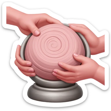 two hands kneading a ball of pink clay over a silver pottery wheel sticker