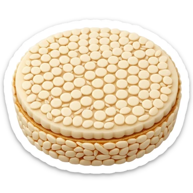 A round puffed rice cake, flat disc shape, light beige/off-white color, bumpy textured surface showing compressed puffed rice grains, crispy appearance, simple flat design, centered on transparent background. sticker