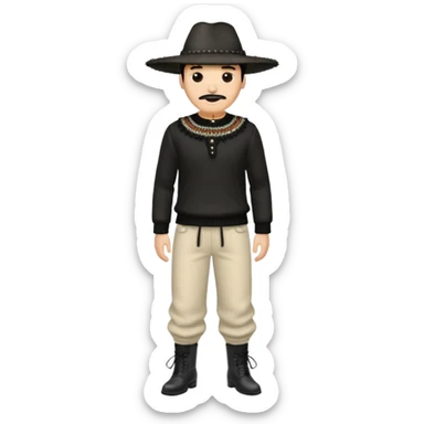 Crea a un hombre con pantalón acampanado zapatos negros un suéter como con fleco en los brazos y una clas de sombrero 👒 pero plano alrededor sticker