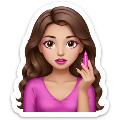 girl with long wavy brown hair, brown eyes, light to medium complexion, in a pink sexy top, pink lips, long lashes, puckered lips, showing my nails sticker