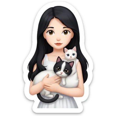 beautiful girl with long black hair wearing a white dress holding a cat in her arms sticker