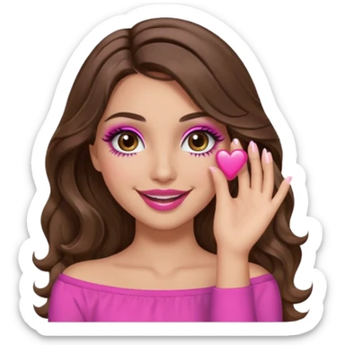 girl with long wavy brown hair, brown eyes, long lashes makeup, sexy pink lips, light to medium complexion, pink sexy top, smiling, hand covering eyes sticker