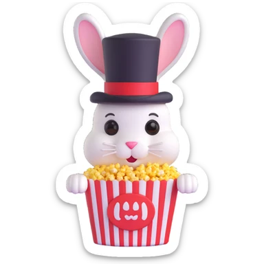 popcorn container with a bunny inside wearing a top hat sticker