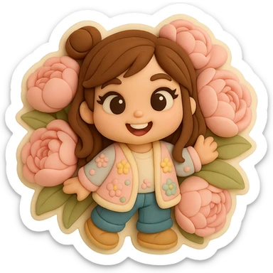 3D chibi fondant cake art style, high-quality rendering with smooth shadows and soft gradients. Girl based on reference image with preserved facial features and eye shape, long brown hair in two space buns, brown eyes, jeans, pastel floral cardigan, shoes, thick white outline like a sticker, transparent background. Only her happy head peeks out from a huge bouquet of soft pink peonies. Ensure the face, hairstyle, eye shape, and shoes match the reference exactly. sticker
