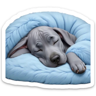 Meme-Worthy Cute Sleeping Blue Great Dane Portrait Emoji, Head resting peacefully with a contented smile, showcasing a delightfully massive build and a luxuriously soft blue Fur, eyes shut in a serene nap, Simplified yet hilariously adorable features, highly detailed, glowing with a soft, drowsy light, high shine, relaxed and utterly lovable, stylized with an air of playful laziness, bright and heartwarming, soft glowing outline, capturing the essence of a comically sleepy guardian, so meme-worthy it feels like it could instantly become the next viral sensation of adorable slumber! sticker