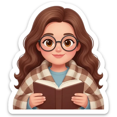 detailed emoji illustration of a curvy woman with long chestnut brown wavy hair, light brown eyes and round glasses, wrapped in a cozy plaid blanket and reading a book, calm peaceful expression, soft warm lighting, cute emoji style sticker