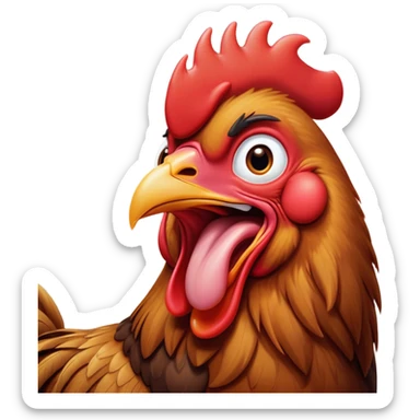 Cinematic Cute Yawning Brown Rooster Portrait Emoji, Head tilted slightly with a dramatic, wide-open yawn, showcasing a soft, downy brown plumage with a subtle red comb and drooping wings, round warm eyes barely open in drowsy contentment, Simplified yet irresistibly adorable features, highly detailed, glowing with a soft, cozy glow, high shine, relaxed yet expressive, stylized with a touch of whimsy, bright and endearing, soft glowing outline, capturing the essence of a sleepy yet affectionate rooster, so drowsy it feels like it could stretch out of the screen and curl up for a nap! sticker