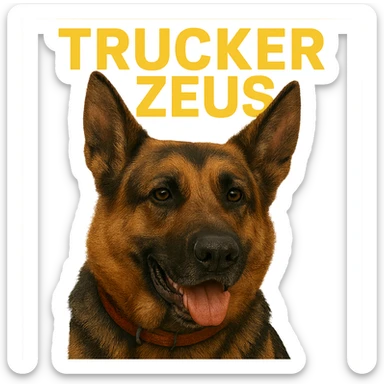 Change the words 'Trucker Zeus' to yellow, keep the realistic German Shepherd, and maintain a transparent background. The style is realistic with a focus on the German Shepherd and clear text in yellow. sticker