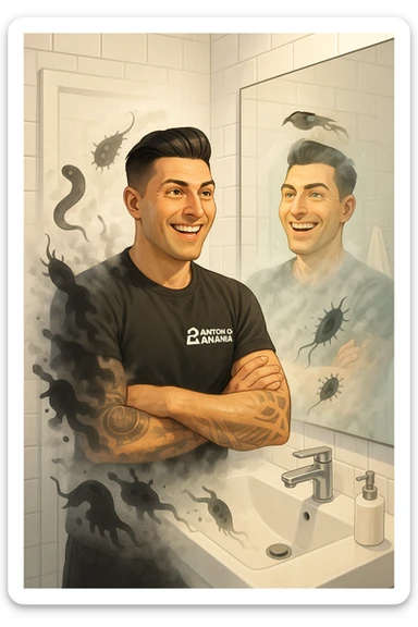 a man stands in a brightly lit bathroom, looking relieved and revitalized as he examines his reflection in the mirror. In the foreground, stylized, shadowy images of parasites (such as worms or protozoa) are shown leaving his body, dissolving into mist or fading away. His posture is upright and his expression is one of newfound energy and health. sticker