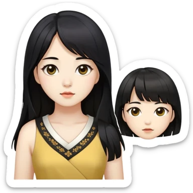 Dress in Korean style, Yellowish white skin, dark brown eyes, long black hair down to the navel, cut in layers, side-swept bangs.  sticker
