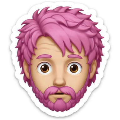 A light-skinned man with moderately curly pink hair, brown eyes, a brown beard, and a slightly uneasy expression. sticker