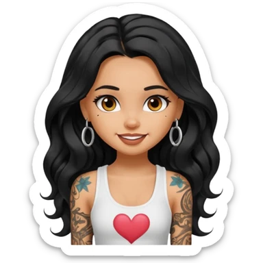 a pretty tan bratz girl with long wavy black hair, wearing a white tank top. with full tattoos sticker