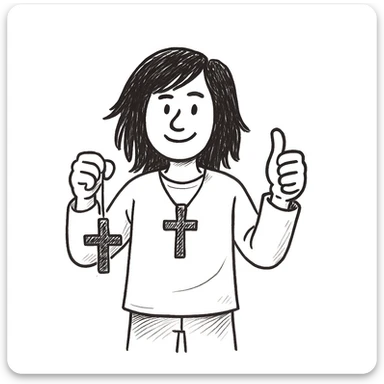 Make the person a boy with long brown hair, holding a cross and giving a thumbs up, in a hand-drawn doodle style. sticker
