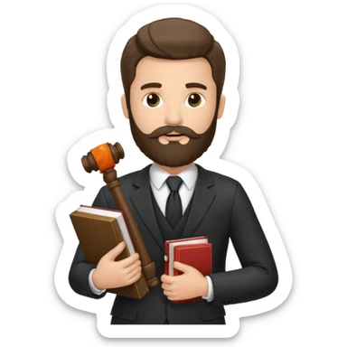 Create a male lawyer. he is wearing a fromal suit jckeret. He is holding a gavel in one hand and a book tucked under his another arm. He has beard. And the hair is kinda darker but not black sticker