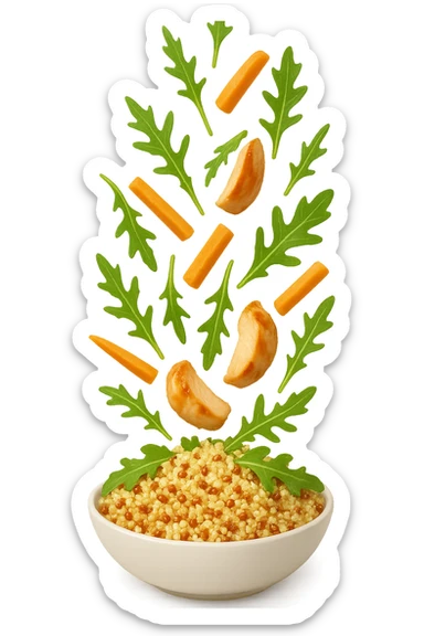 EMOJI STILE IPHONE DI Insalata di quinoa e pollo con rucola e carote che cade verticalmente dall'alto, iperrealistica 4k sticker