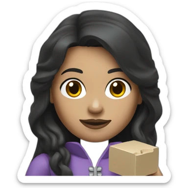 A woman dark hair, long hair, holding a Lego   sticker